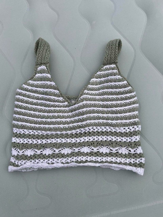 Hollister Tops - Hollister Green and White Striped Crochet Tank Top